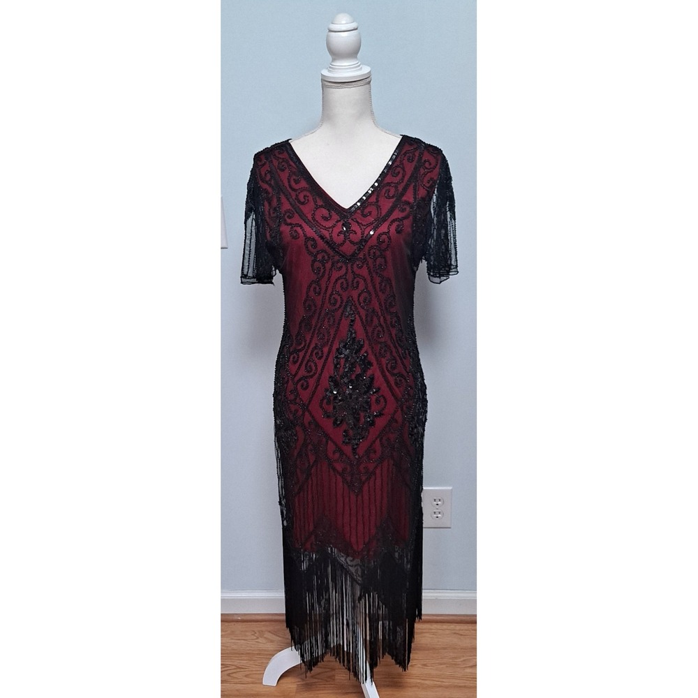 PrettyGuide Women Flapper Dress L Red/Black Beaded Sequin Fringe 1920s Gatsby